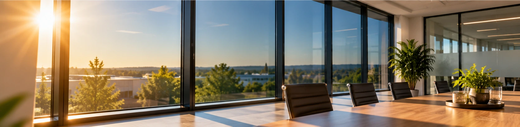 Büroraum mit Glasfront und Sonnenschutzfolie